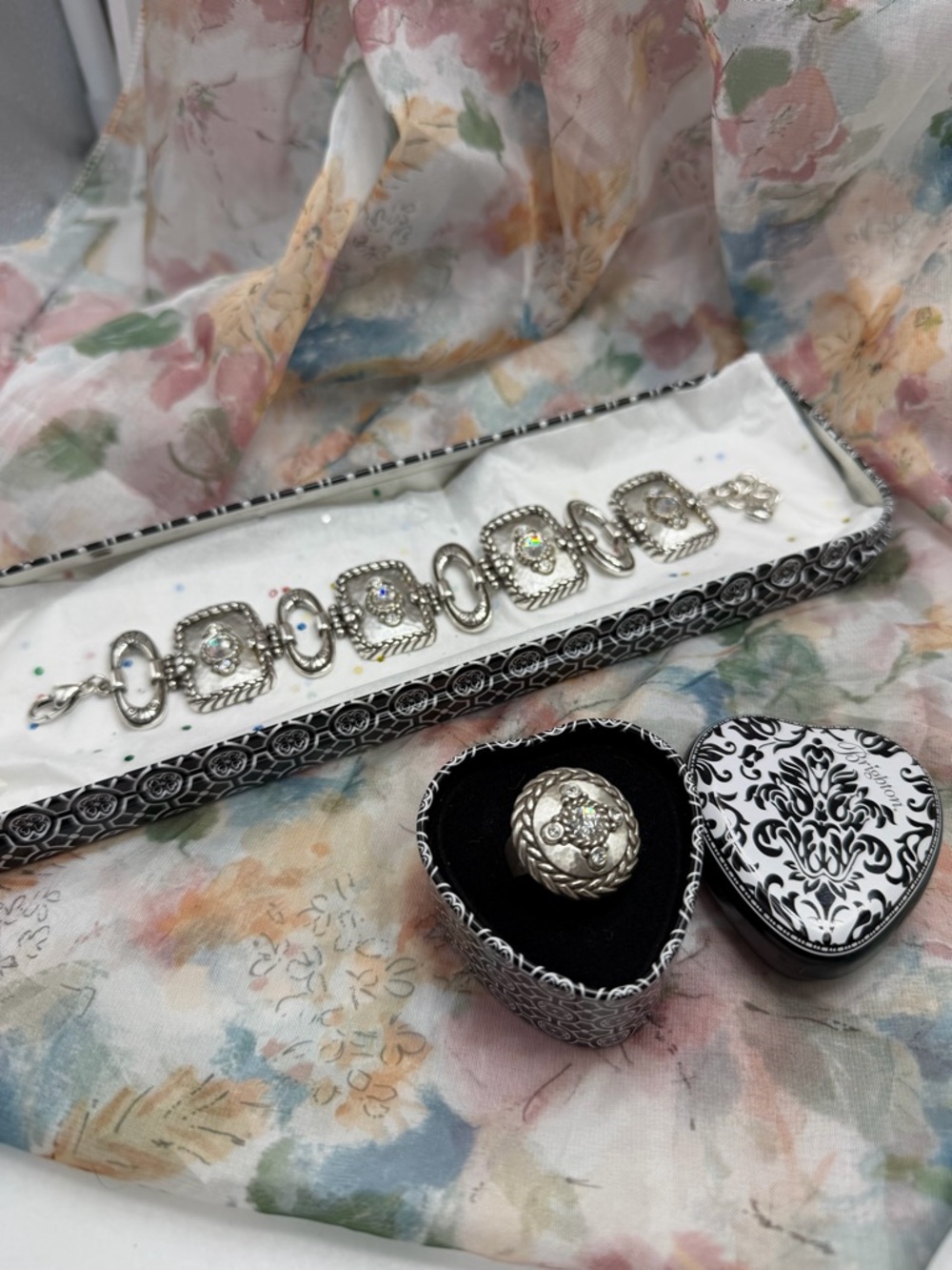 Brighton Silver Crystal Link Bracelet with  Ring in tins #35SET